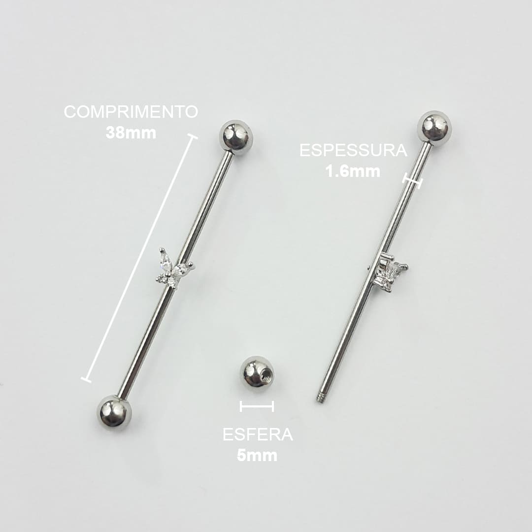 Piercing Transversal Borboleta Zircônia Aço Cirúrgico