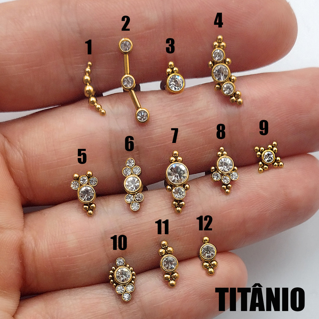 Piercing Orelha Nariz Tragus Labret Zirconia Titânio Dourado