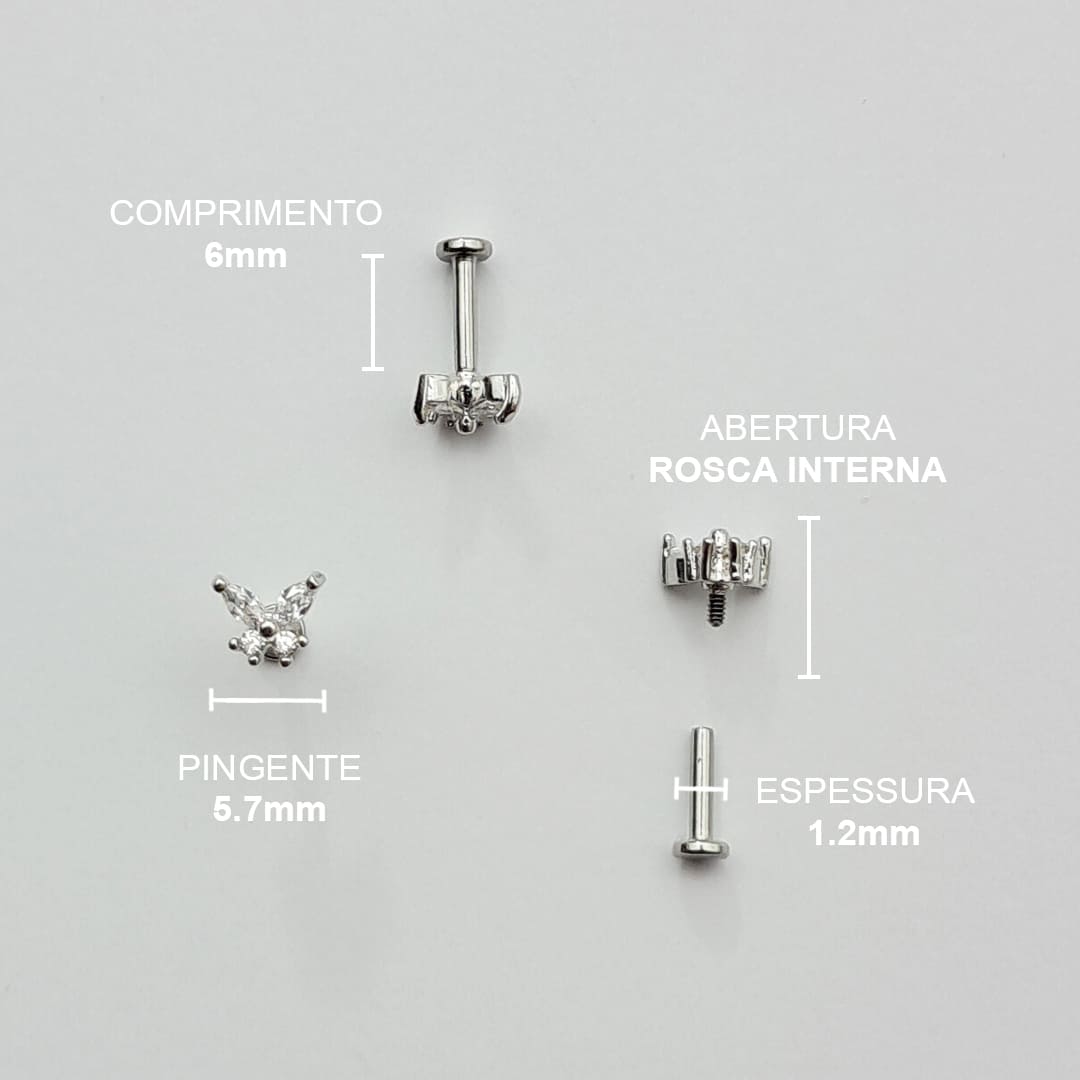 Piercing Orelha Nariz Tragus Labret Zircônia Borboleta Aço Cirúrgico