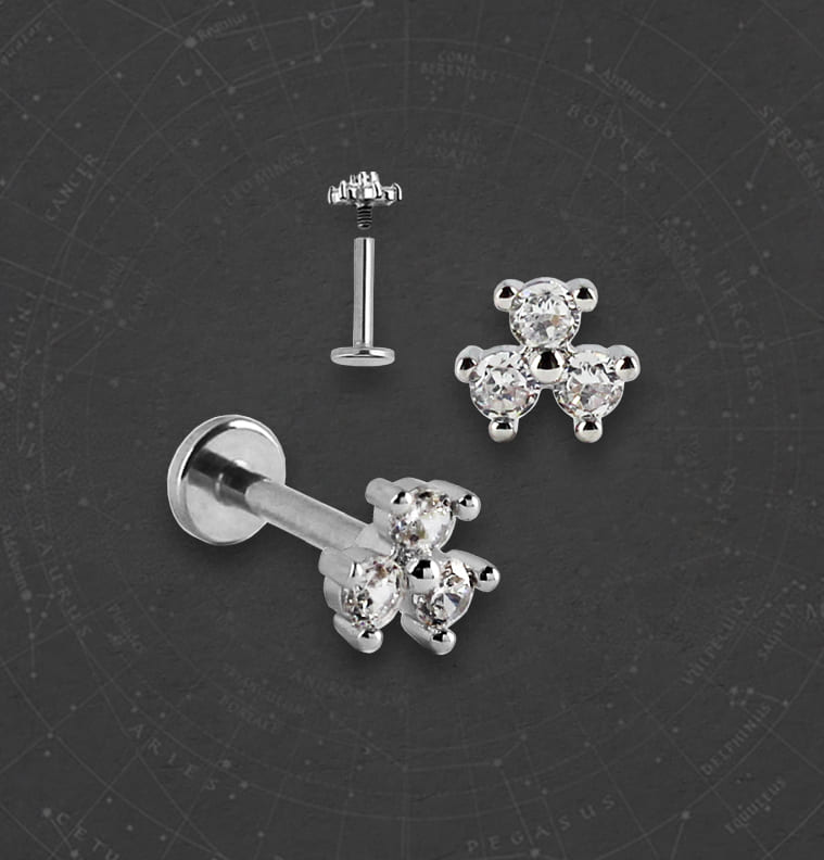 Piercing Orelha Tragus Labret Trinity Zircônias Aço Cirúrgico