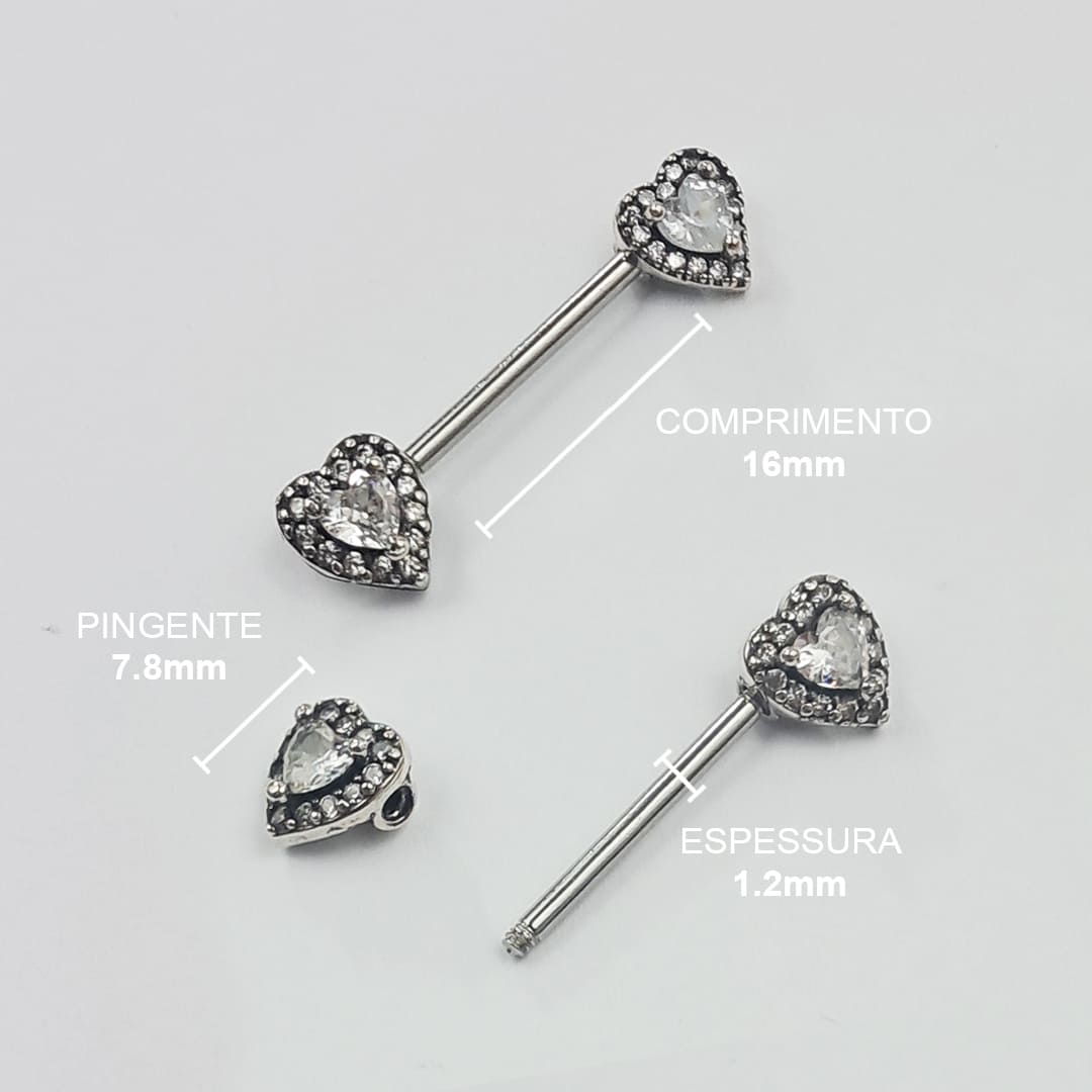 Piercing Mamilo Barbell Coração Zircônia Aço Cirúrgico
