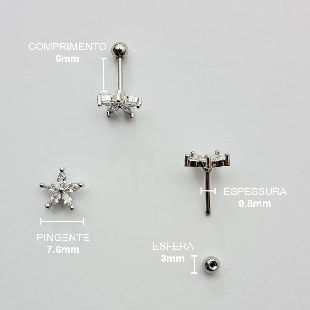 Piercing Orelha Nariz Tragus Labret Zircônia Flor Aço Cirúrgico