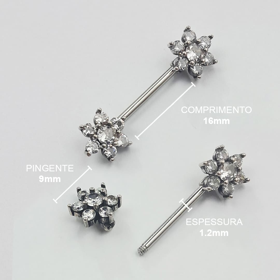 Piercing Mamilo Barbell Flor Zircônia Aço Cirúrgico