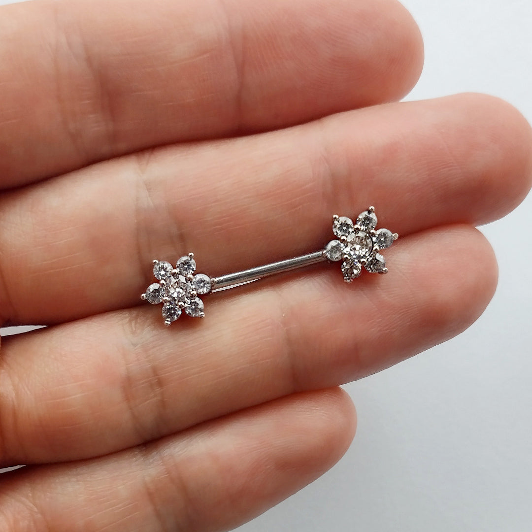 Piercing Mamilo Barbell Flor Zircônia Aço Cirúrgico