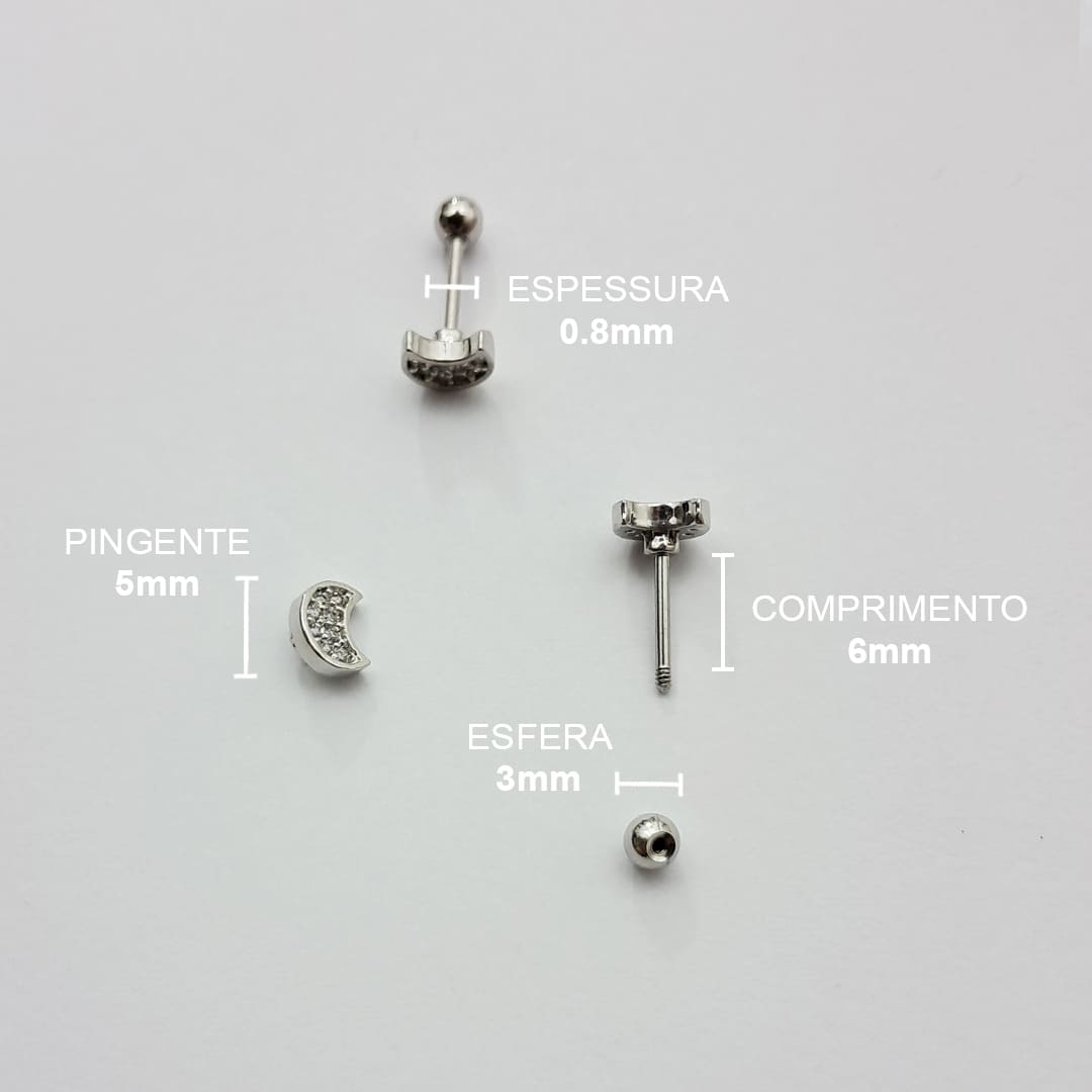 Piercing Orelha Nariz Tragus Labret Zirconia Lua Aço Cirúrgico