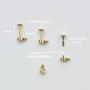 Piercing Orelha Nariz Tragus Labret Zirconia Titânio Dourado