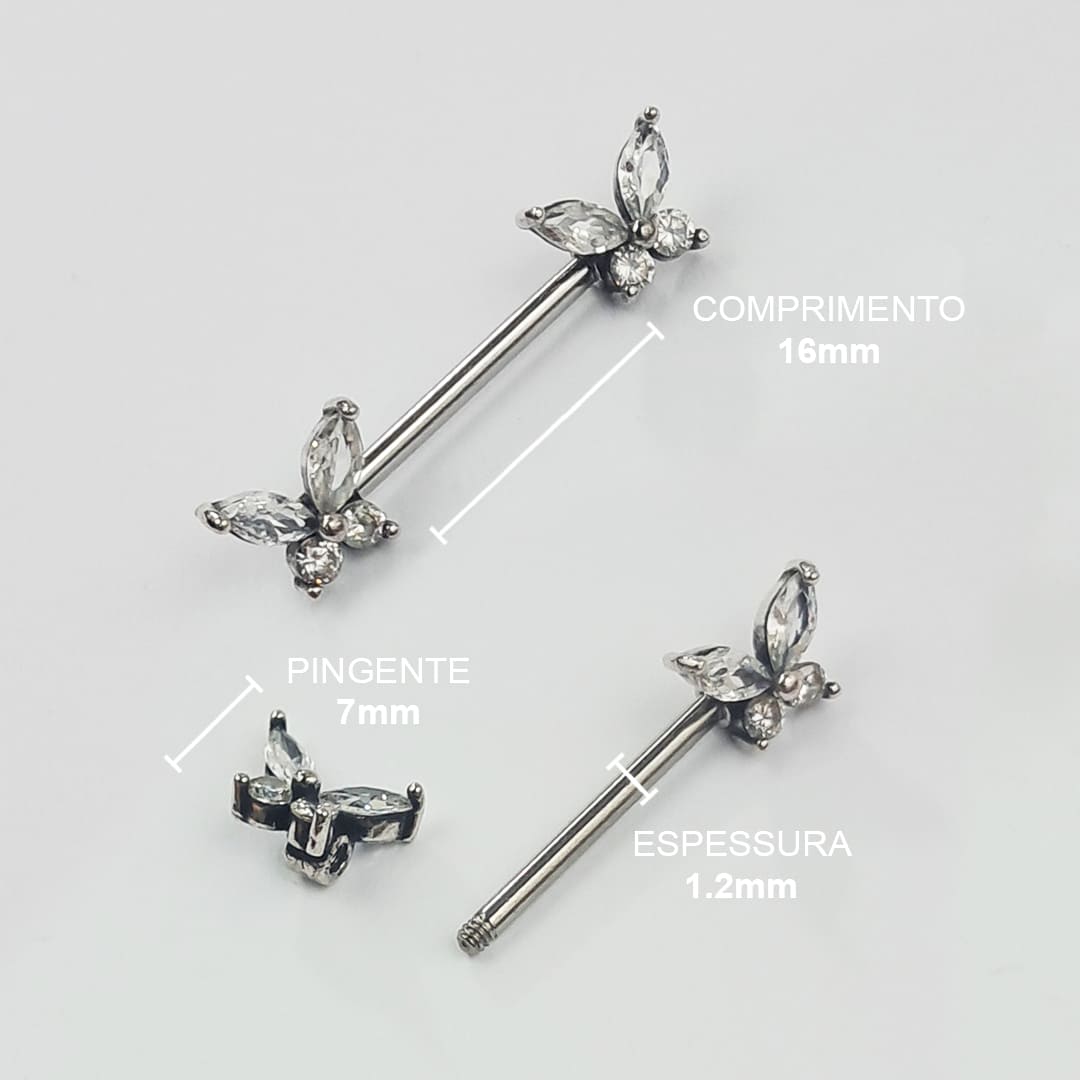 Piercing Mamilo Barbell Borboleta Zircônia Aço Cirúrgico